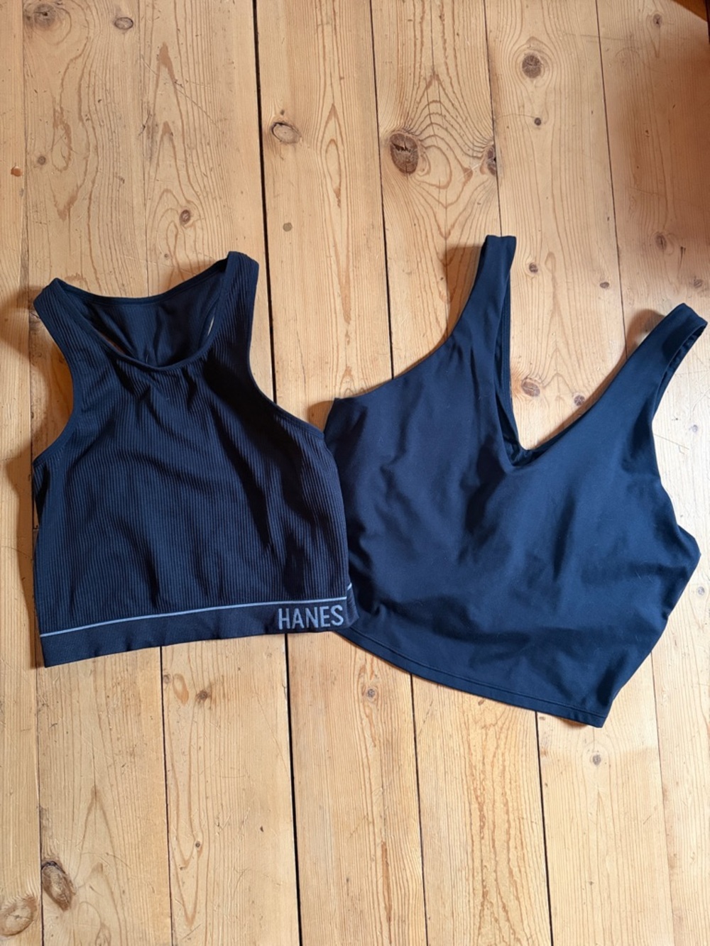 Hanes Black Ribbed Sports Bralette and Black V‑Neck Bralette Duo L/XL